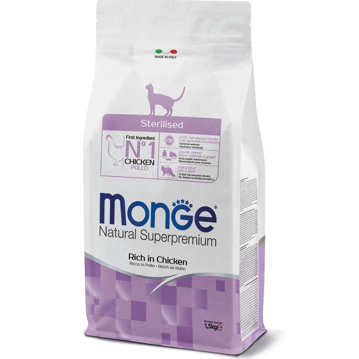 Hrana uscata pentru pisici, Monge Natural, Sterilised, Pui, 1.5kg