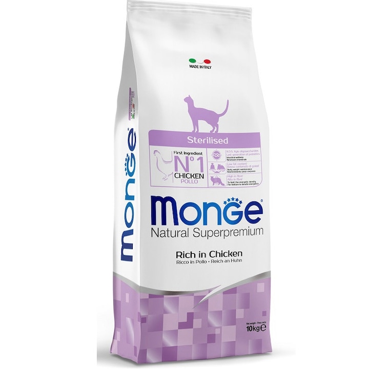 Hrana uscata pentru pisici, Monge Natural, Sterilised, Pui, 10kg