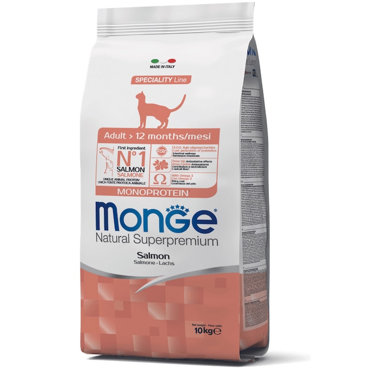 Hrana uscata pentru pisici, Monge Natural, Monoprotein, Somon, 10kg