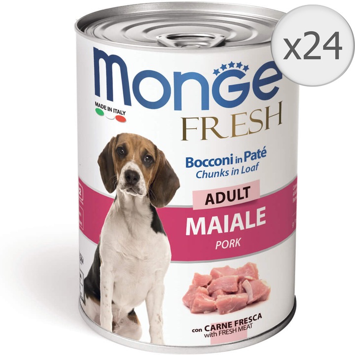 Hrana umeda pentru caini, Monge Fresh, Super-premium, Porc, 24 x 400g