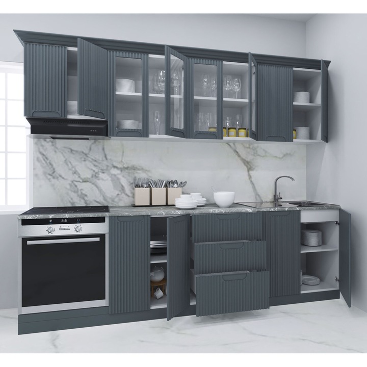 Set bucatarie cu soft-close si fronturi MDF, Badenmob, seria Space, 260.02cm, Antracit