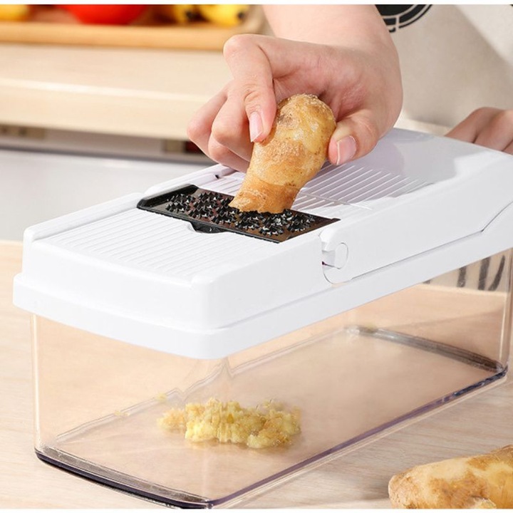 Tocator de Legume 26 in 1, Demiseb®, Feliator multifunctional, Accesorii pentru bucatarie, taiat, razuit, tocat, maruntit, feliat, julienne, Accesorii de protectie, Lame din otel inoxidabil, Manusi, Foarte rezistent, Manere ergonomice,32 x 11 x 10 cm, Alb