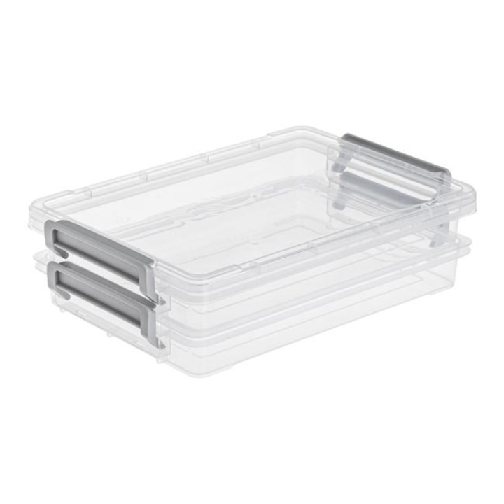 Set 2 cutii de depozitare Antbro® cu 2 nivele, din plastic transparent cu capac si manere, 25.4x17.5x3cm