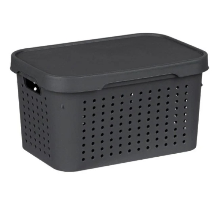 Cos de depozitare Antbro® impletit perforat de culoare antracit cu capac si manere, din plastic, 36x27x21.5 cm, 17l