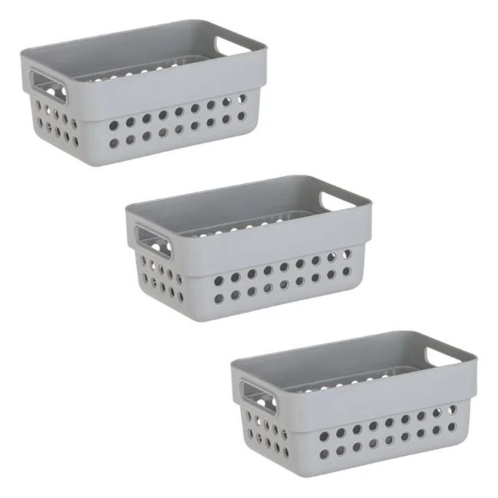 Set 3 cosuri de depozitare Antbro® din plastic, gri, cu model perforat si manere, 11.5x7.5x5cm, 350 ml