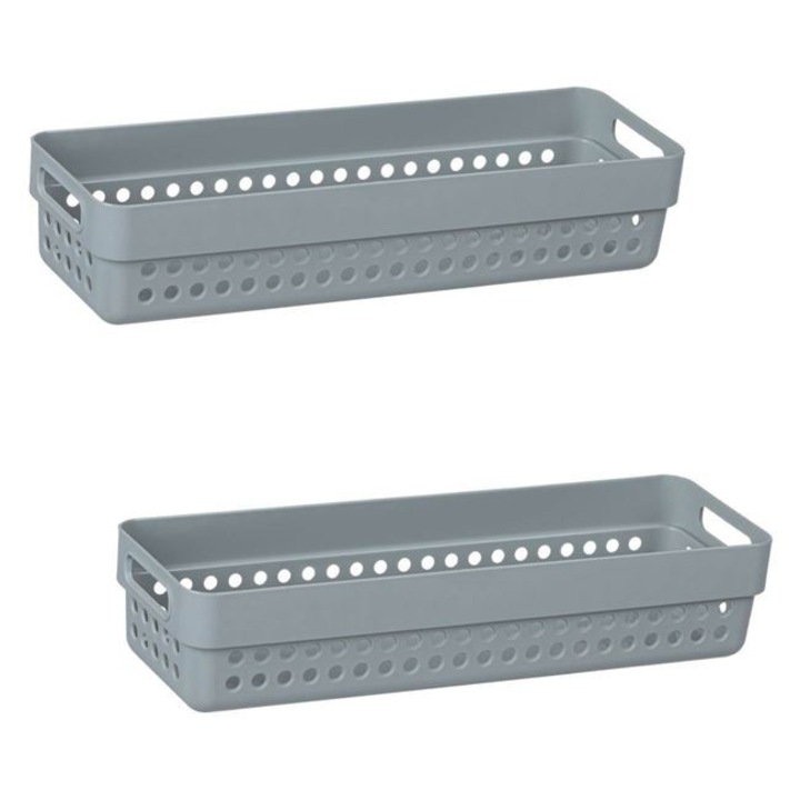 Set 2 cosuri de depozitare Antbro® din plastic, gri, cu model perforat si manere, 24x7.5x5cm, 750 ml