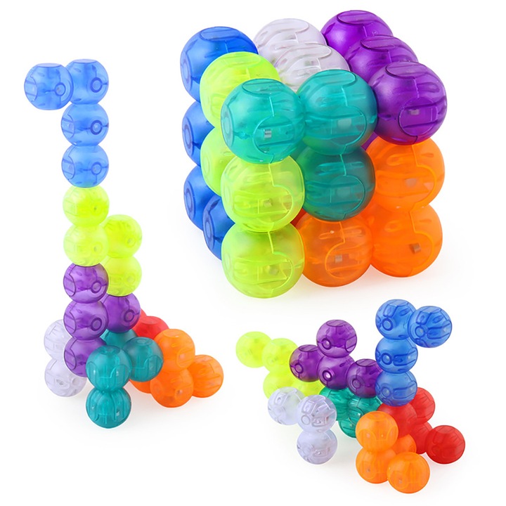 Joc de constructie cu bile magnetice educativ, Fanxin, puzzle creativ 3D, Jocuri de memorie si inteligenta, 7 forme, 54 carduri de design, set pentru copii 3 ani si peste