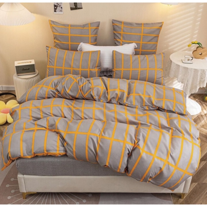 Lenjerie de Pat, Reversibil, Cearsaf cu Elastic, Finet, 1 Persoana, 4 Piese, 140x200cm, Bej-Portocaliu