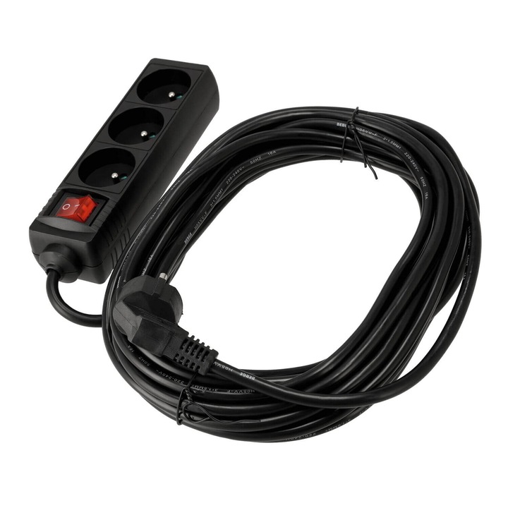 Удължителен кабел с ключ 10 м, 3 x 230V контакта, черен