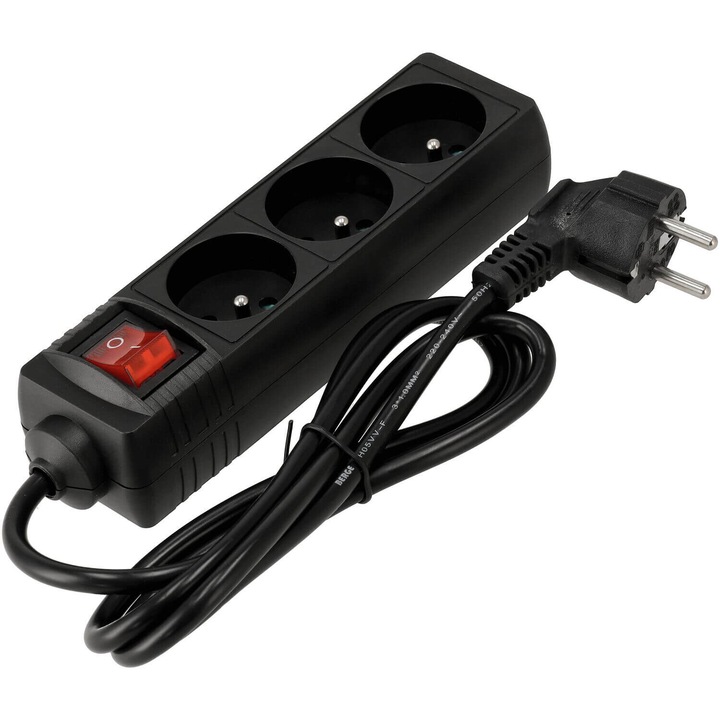 Cablu prelungitor cu intrerupator 1,5 m, 3 x priza de alimentare 230 V, negru