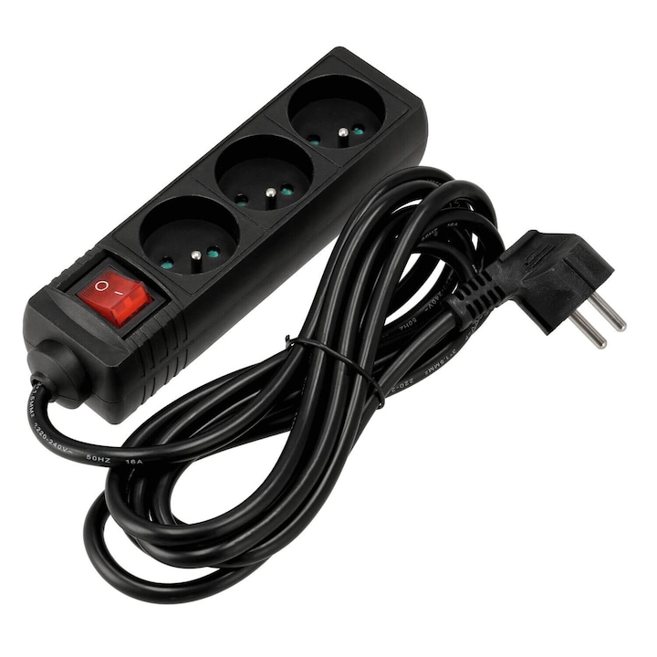Удължител, 3м, 3 x 230V контакт, Черен