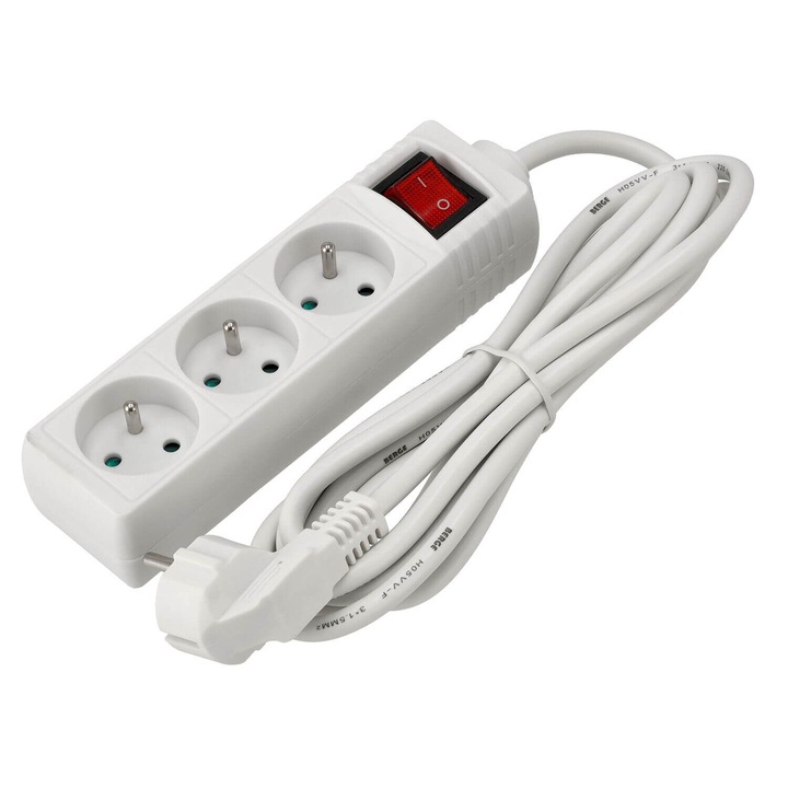 Extensie cu intrerupator 3m, 3 x priza 230V, alb