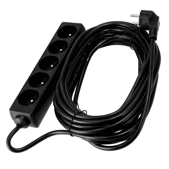 Cablu prelungitor 10m, 5 x priza de alimentare 230V, negru