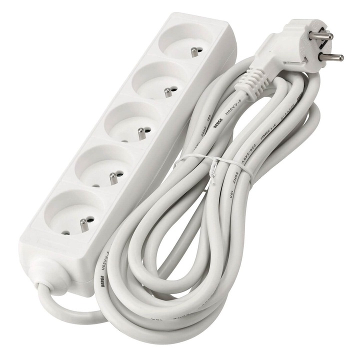 Удължител, 5м, 5 x 230V контакт, Бял