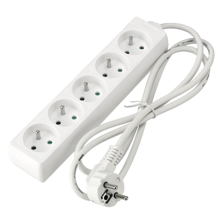 Cablu prelungitor 1,5 m, 5 x priza de alimentare 230 V, Alb