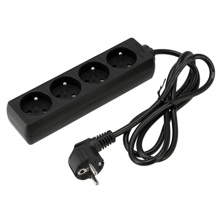 Cablu prelungitor 1,5 m, 4 x priza de alimentare 230 V, negru