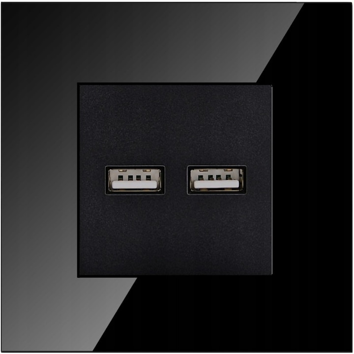 Комплект 2 двойни USB гнезда от черно стъкло MIUUN, 3.1A, IP20, 86 x 86 x 45 mm