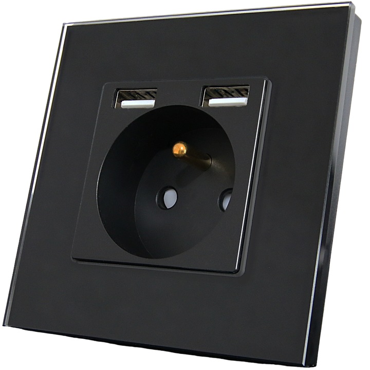 Гнездо, MIUUN, Стъкло, Pin + 2 USB порта, 2.4A, IP20, Черен