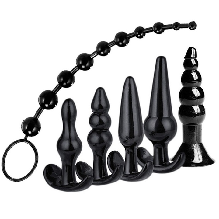 Set jucarii anale, Night Fantasy, 5 dopuri anale si bile anale, negru, dimensiuni variate