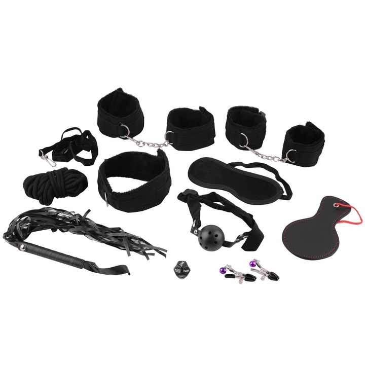 BDSM Night Fantasy készlet, állítható bilincs, nyakörv, póráz, ütő, 2 copfos, tarka