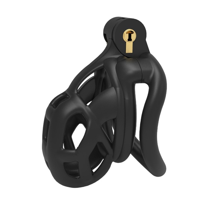 Centura de castitate barbati Night Fantasy, cusca penis din rasina, 4 inele, marime S, lacat + cheie, negru