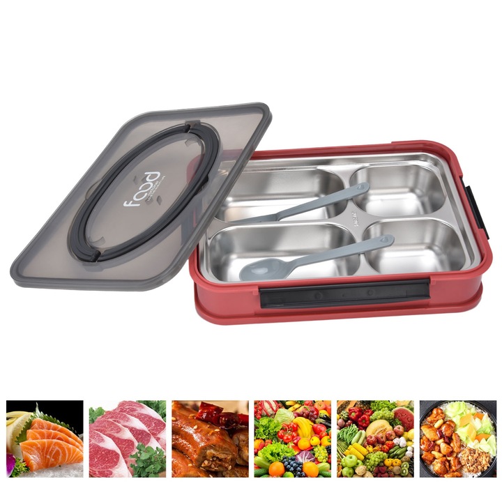 Osztott rozsdamentes acél uzsonnástálca, Longziming, 4 rekesszel, piros, 19x16cm