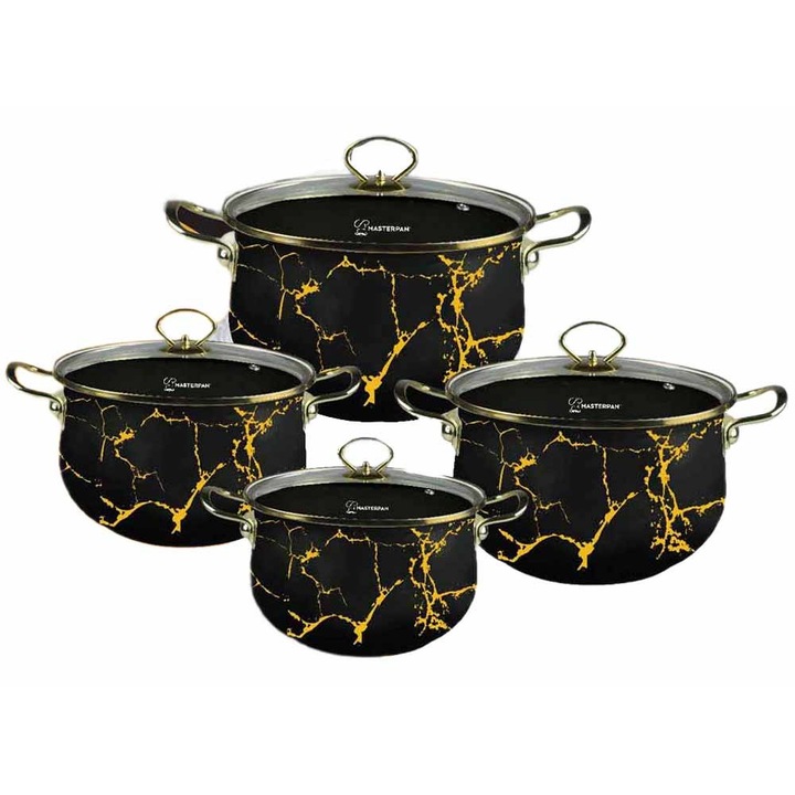 Zománcozott edények, fekete edénykészlet arany márvánnyal, 8 elem, Masterpan MP 2634