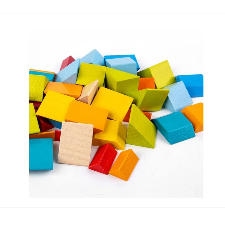 Игра Монтесори мозайка за подреждане на 3D геометрични фигури + карти с отпечатани шаблони отпред и обратно, Комплект от 48 части, Многоцветни, Дърво