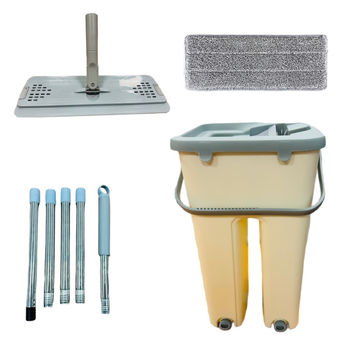 Set de mop cu galeata PAA-home®, mop plat din microfibra, cuve separate pentru spalare si uscare, 1 laveta pentru mop inclusa, orificiu scurgere apa, capacitate 3.2 Litri