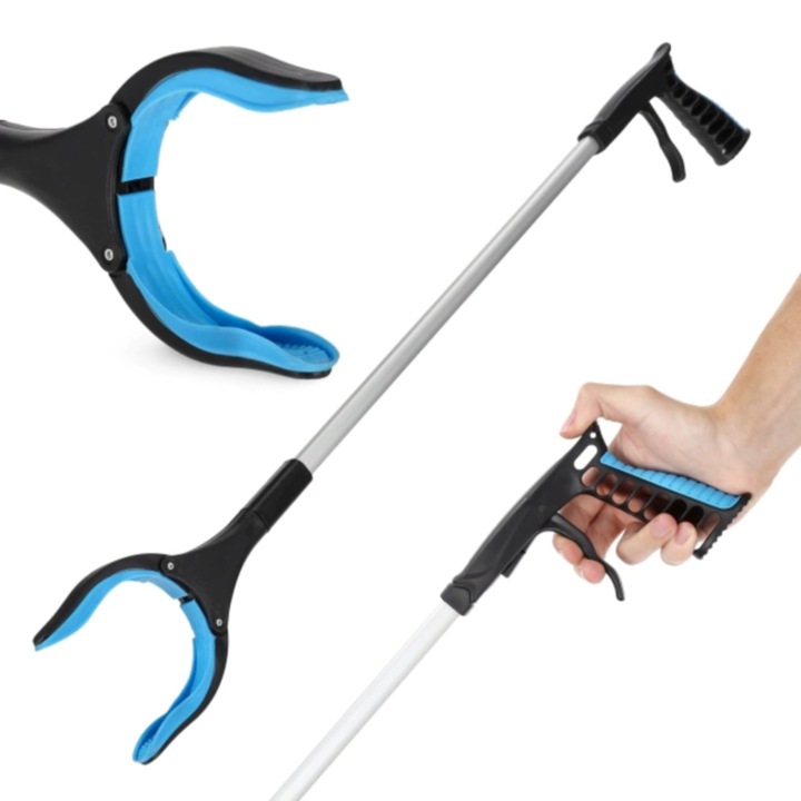 Maner pentru ridicarea obiectelor, 4FIZJO, ideal pentru seniori, greutate redusa, adaptat la mana, capacitate de incarcare 900 g, material antiderapant, 76 × 11 cm, Aluminiu/PP, Negru/Albastru