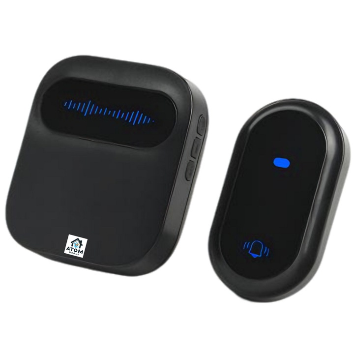 Безжичен звънец без батерия ATOM DEALS®️, светещо лого, 38 песни, регулируема сила на звука 4 нива от 0 до 105 db, защита от смущения, разстояние 180 м, водоустойчив IP68, монтаж без кабели, черен