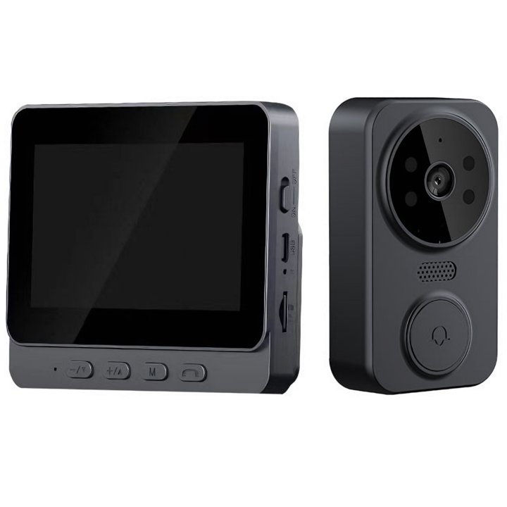 ATOM DEALS®️ безжичен видео звънец, двупосочен домофон, 4.3" IPS екран, нощно виждане, 4 IR светодиода, Bluetooth безжична връзка, акумулаторна батерия, 70° зрителен ъгъл, 5 метра разстояние, компактен дизайн, вграден високоговорител и микрофон, черен