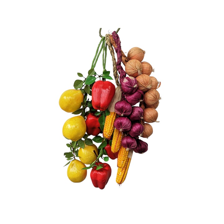 Set de 5 funii cu legume si fructe artificiale pentru decor, Dady, ceapa rosie, ceapa galbena, porumb, ardei, pere, lungime aproximativa funie 40 cm