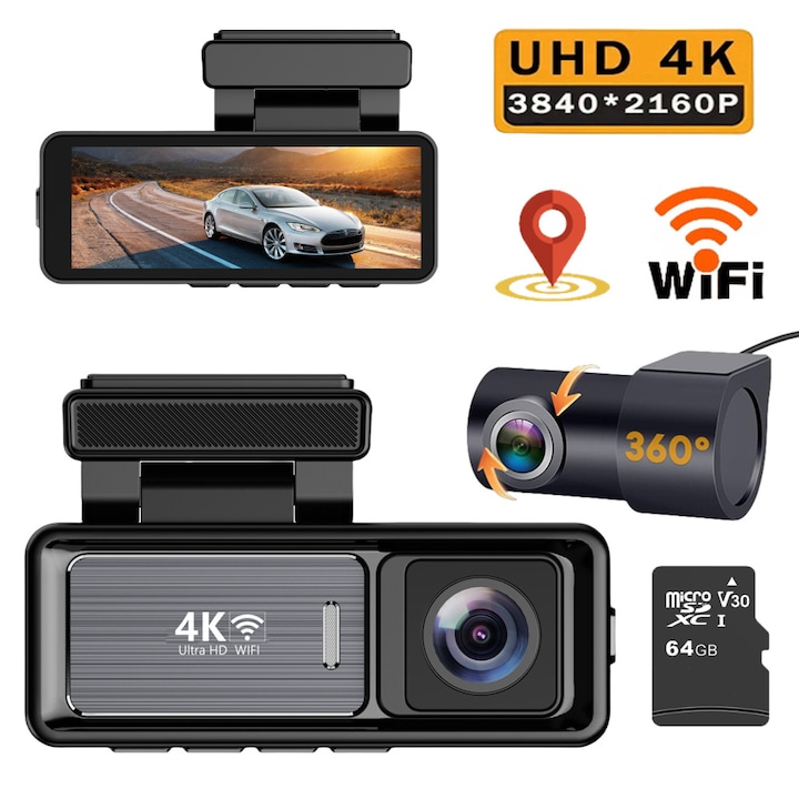 DVR камера за кола M6 Versatyx®, Двойна камера на таблото 4K отпред 2K отзад, 64GB карта и комплект за наблюдение на паркинга са включени, 3,2" екран, GPS и WiFi, специално приложение, широко зрително поле 170°, G сензор и цикличен запис