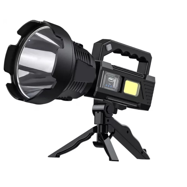 Преносимо LED фенерче, вградена външна батерия, кутия, 360° статив, 4 режима на осветяване, SOS функция, USB зареждане, с дръжка, водоустойчивост, черен, 13,5 x 13 x 31 cm