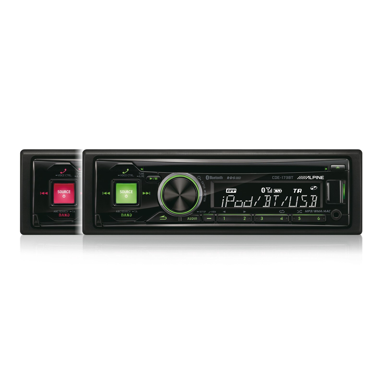 RadioCD Alpine CDE-173BT cu bluetooth si slot USB si iluminare taste culoarea : rosu / verde