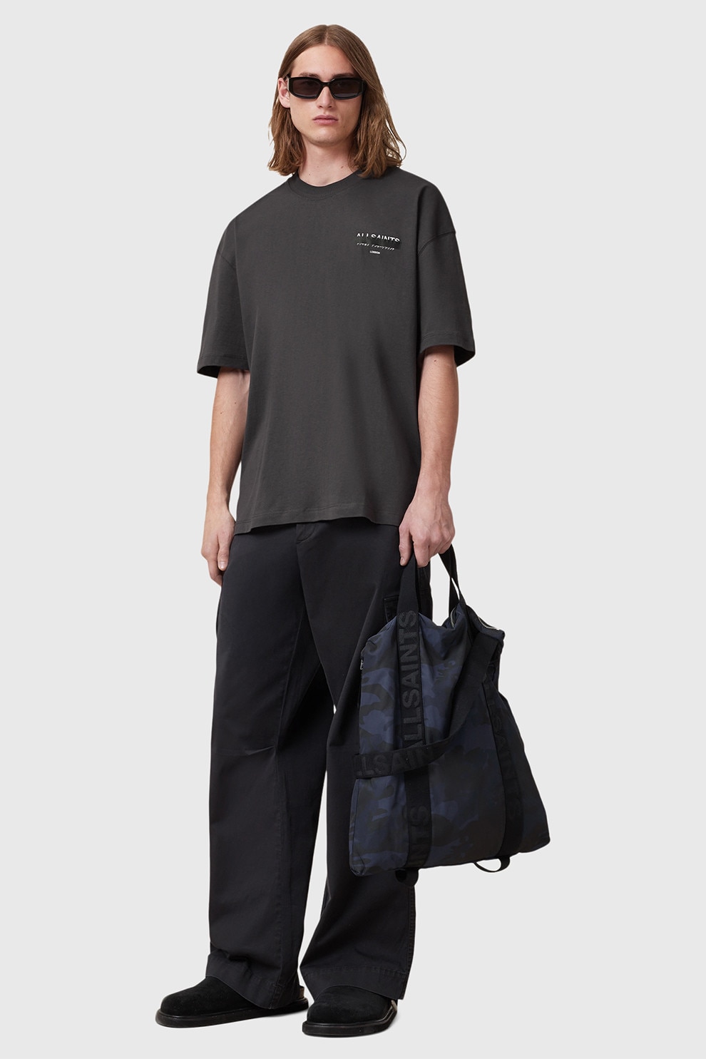 AllSaints, Tricou supradimensionat de bumbac organic Redact, Negru stins, XL