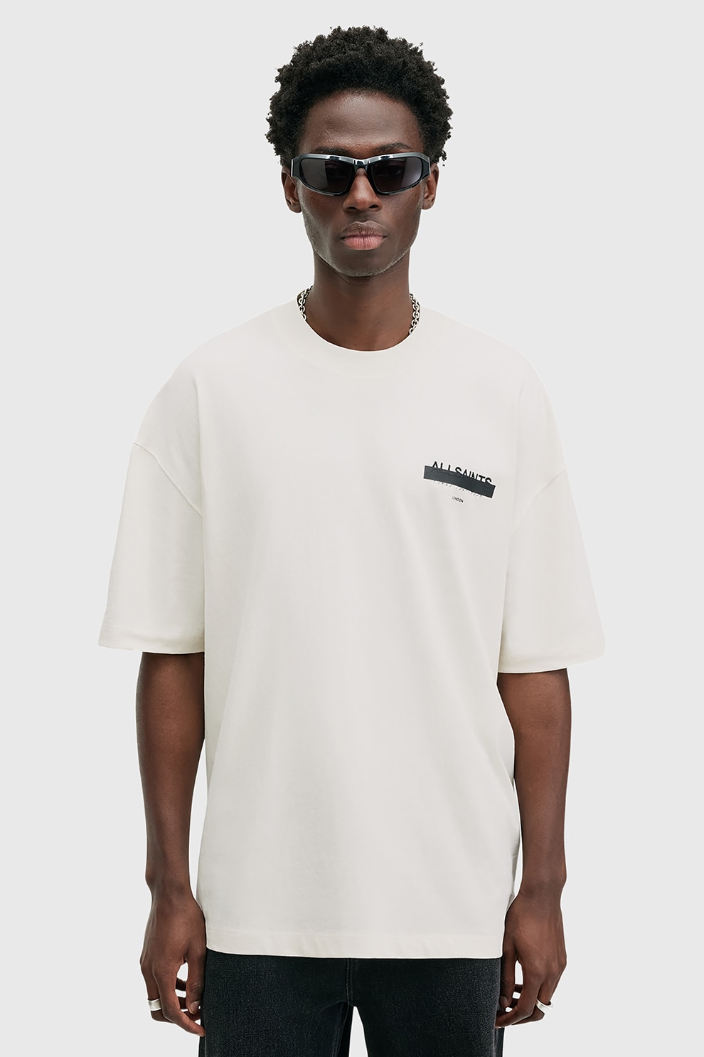 AllSaints, Tricou supradimensionat de bumbac organic Redact, Alb, Negru, M