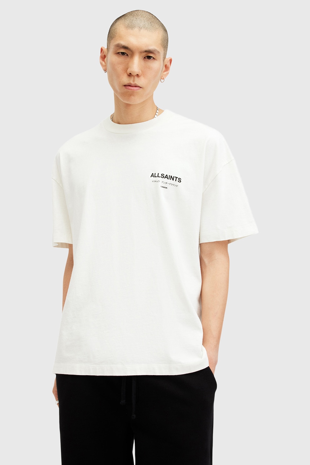 AllSaints, Tricou supradimensionat din bumbac organic cu logo Underground, Alb, M