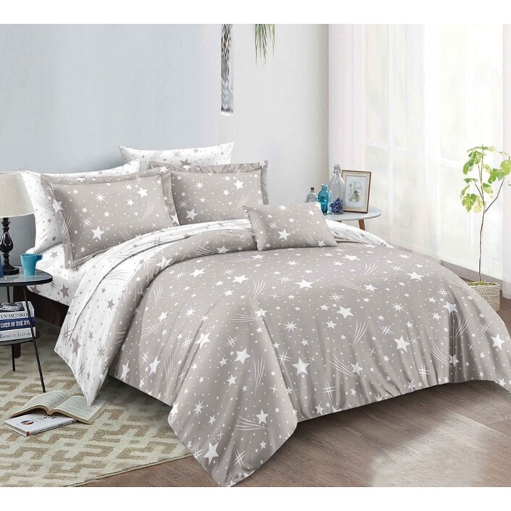 Lenjerie de Pat, Reversibil, Cearsaf cu Elastic, Finet Stelute, 1 Persoana, 4 Piese, 140x200cm, Gri Deschis-Alb