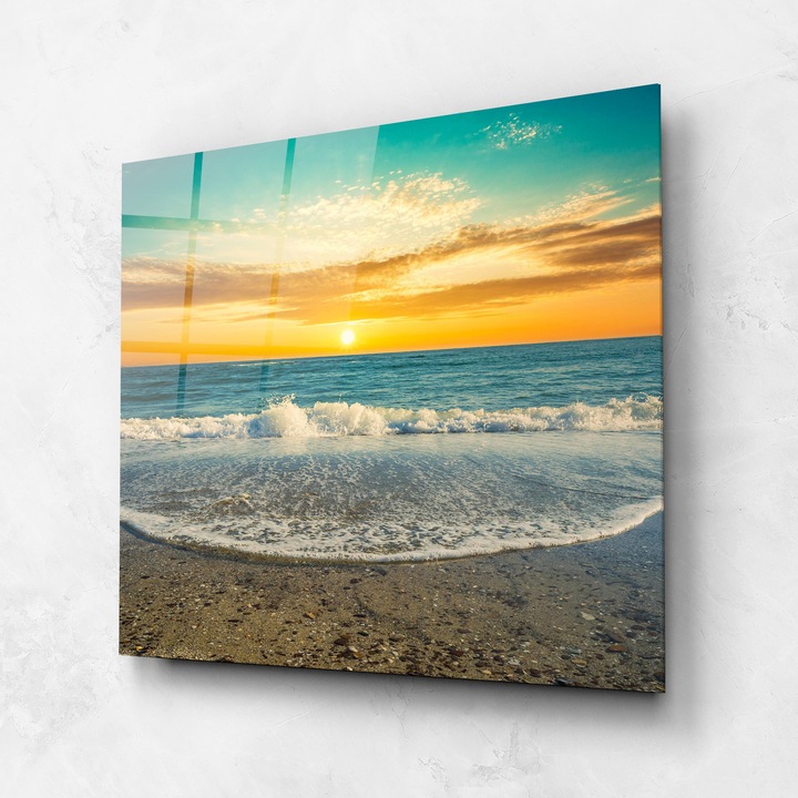ARTHUB, Стъклена картина 100x100cm, Спалня и Дневна, пейзажи, залез, Beach Dramatic Sunset
