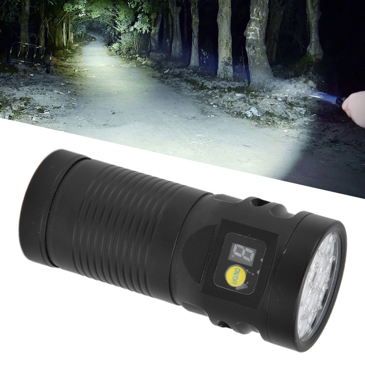 Jormftte lámpa, 8 üzemmód, 3000Lm, vízálló, 9000mAh, méretek 119x52x46mm, kültéri használatra