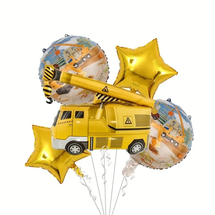 Set 5 baloane folie macara, It's Party Time, masini constructii, utilaje, 76 cm