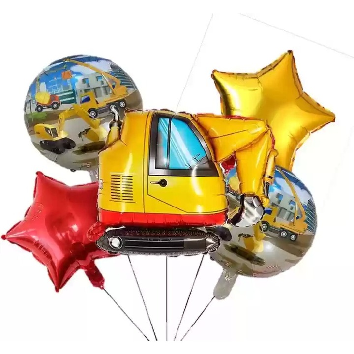 Set 5 baloane folie excavator, It's Party Time, masini constructii, utilaje, 72 cm