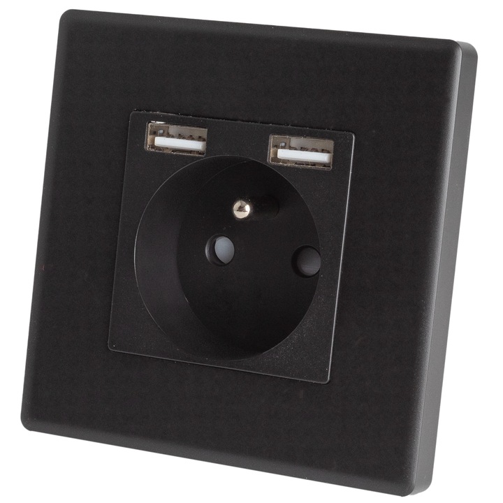 Електрически контакт, Miuun, 2 x USB, PVC, 16A, 250V, IP20, Черен