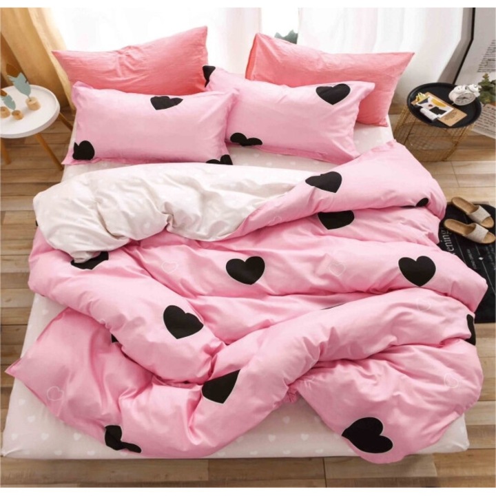 Спално бельо, двустранно, чаршаф с ластик, фини сърца, 1 човек, 4 части, 140x200 см, розово-черно