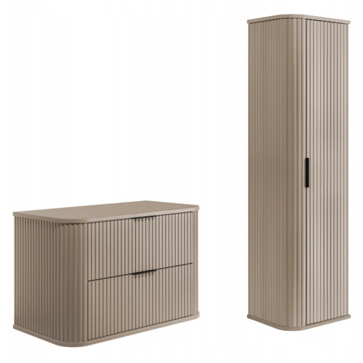 Set mobilier baie, Rodan, Elegance, Dulap Baie - 41.5x80.4x51.7cm, Dulap Baie Tip Coloana - 31.5x35.5x139cm, Suspendat, Material Placa MDF, Margini ABS, 2 Sertare Soft Close, 3 Rafturi, Casmir, Bej