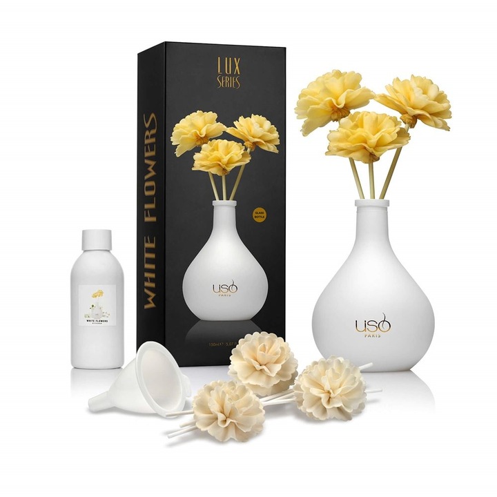 Odorizant Camera USO, Flori Albe 150 ml, Vaza din sticla
