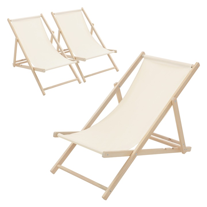 Set 3x Scaun pliabil de plaja ECD Germany structura din lem si tesatura bej, spatar reglabil in 3 pozitii, sezlong de relaxare pentru gradina, piscina, balcon sau terasa, capacitate de 120 kg
