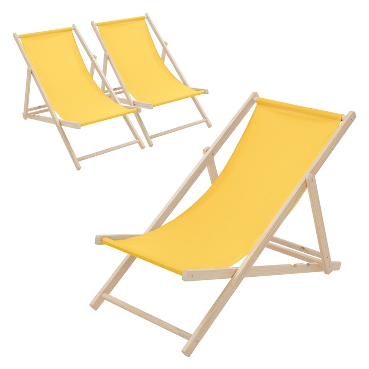 Set 3x Scaun pliabil de plaja ECD Germany structura din lem si tesatura galben, spatar reglabil in 3 pozitii, sezlong de relaxare pentru gradina, piscina, balcon sau terasa, capacitate de 120 kg